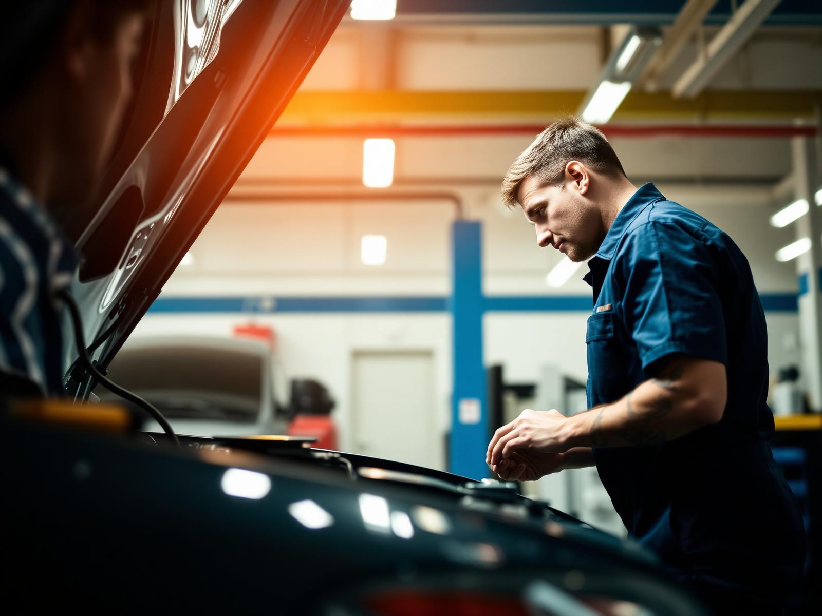Mechanic servicing a car's air conditioning system in the shop
